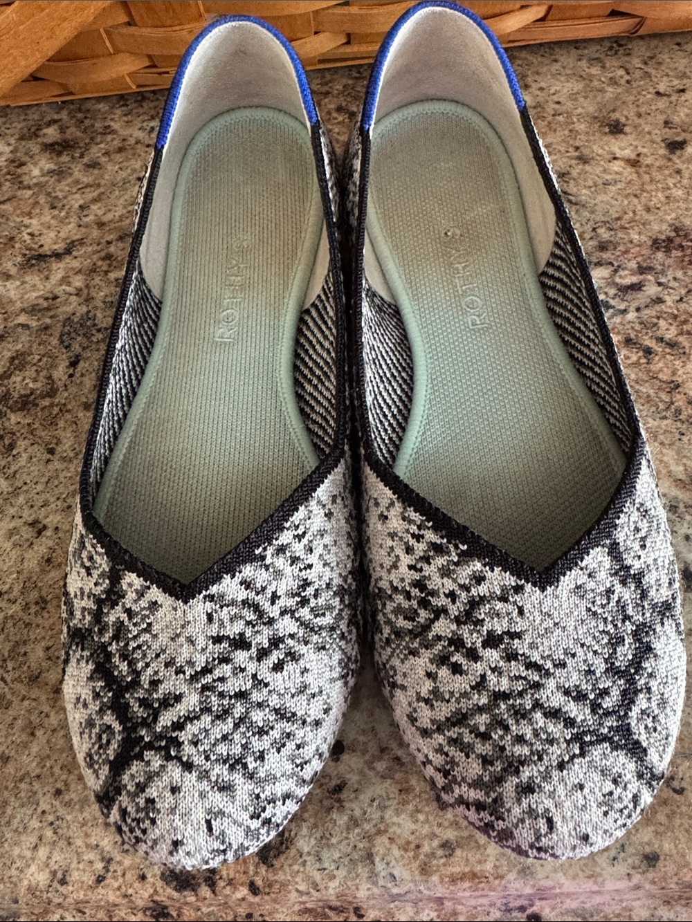 Rothy's Black & Ivory Knit Pointed-Toe Flats with Blue Trim *MACHINE WASHABLE*